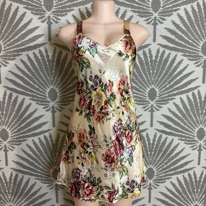 Vintage Satin Slip Dress Floral Nightgown Lingerie Midi Bias Cut USA Womens M